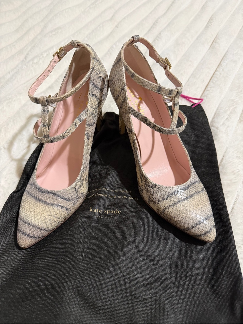 kate spade Snake-Print T-Strap Pointed Pumps in Neutral Tones